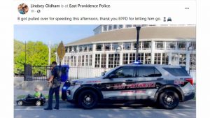 East Providence police officer pulls over toddler for speeding in his toy car